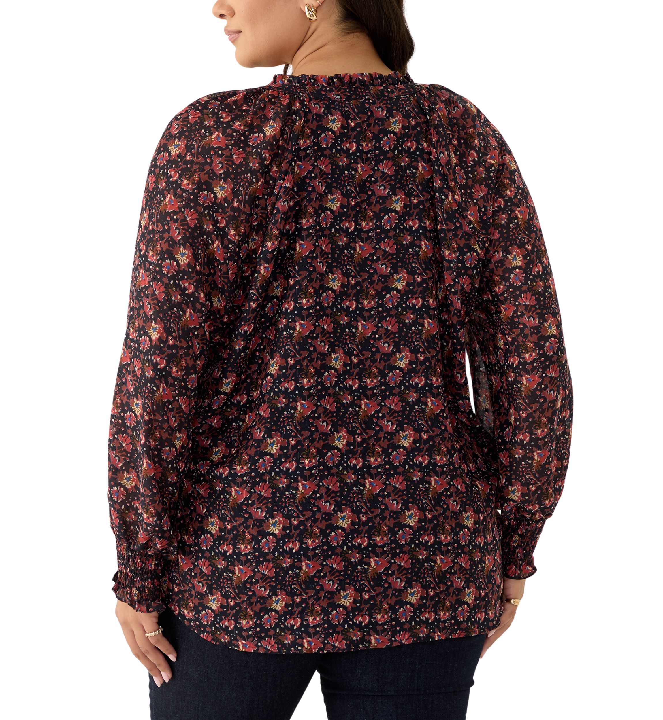 Plus Size Long Sleeve Split Neck Metallic Printed Blouse