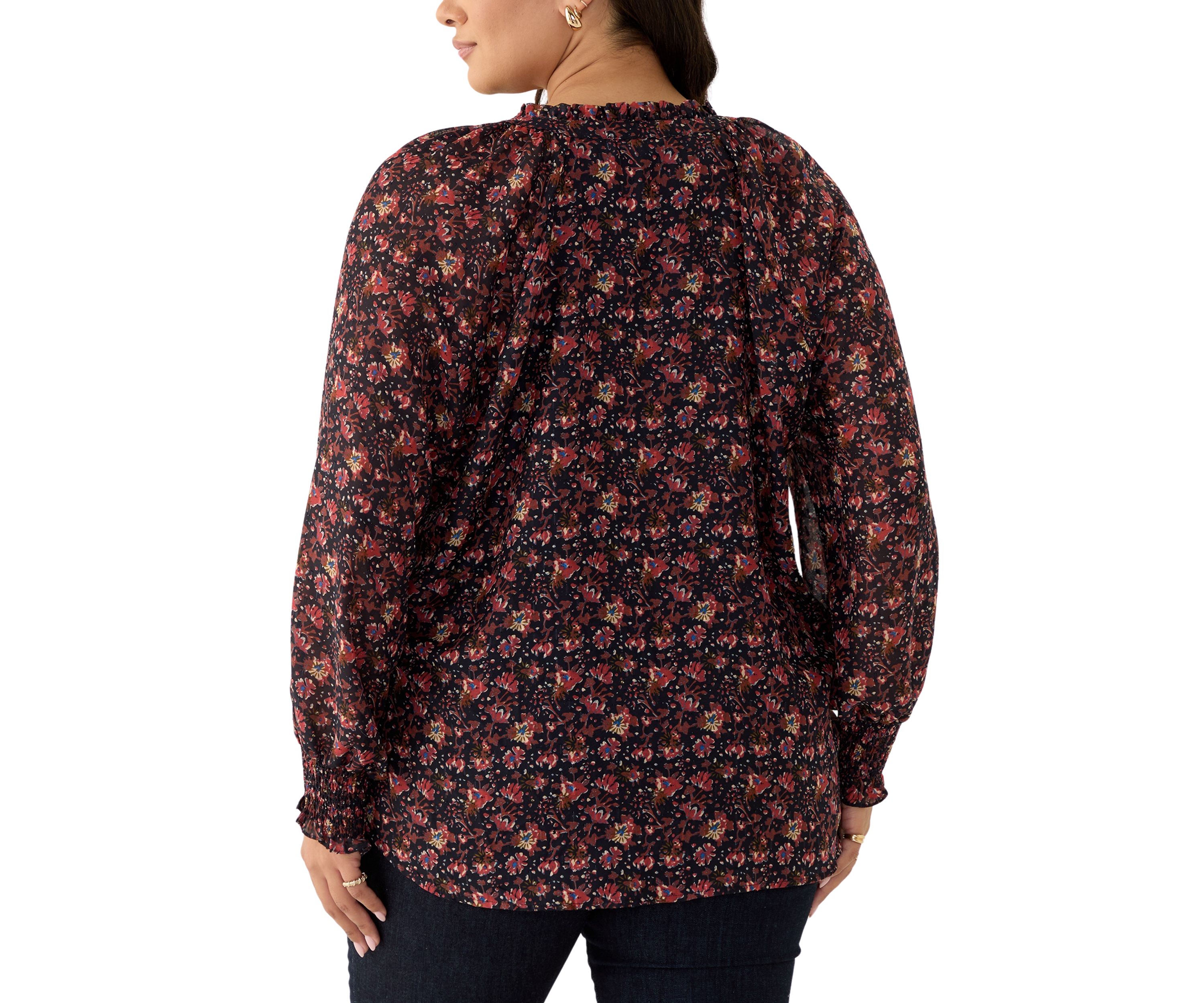 Plus Size Long Sleeve Split Neck Metallic Printed Blouse