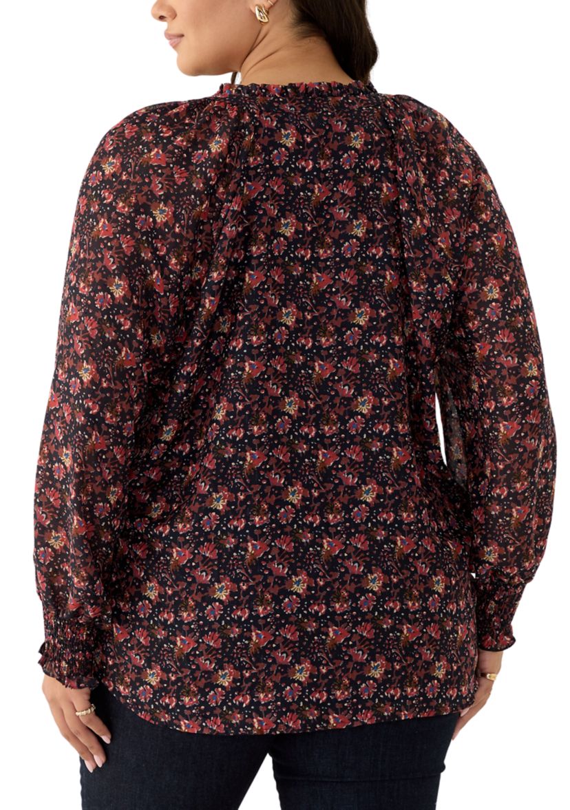 Plus Size Long Sleeve Split Neck Metallic Printed Blouse