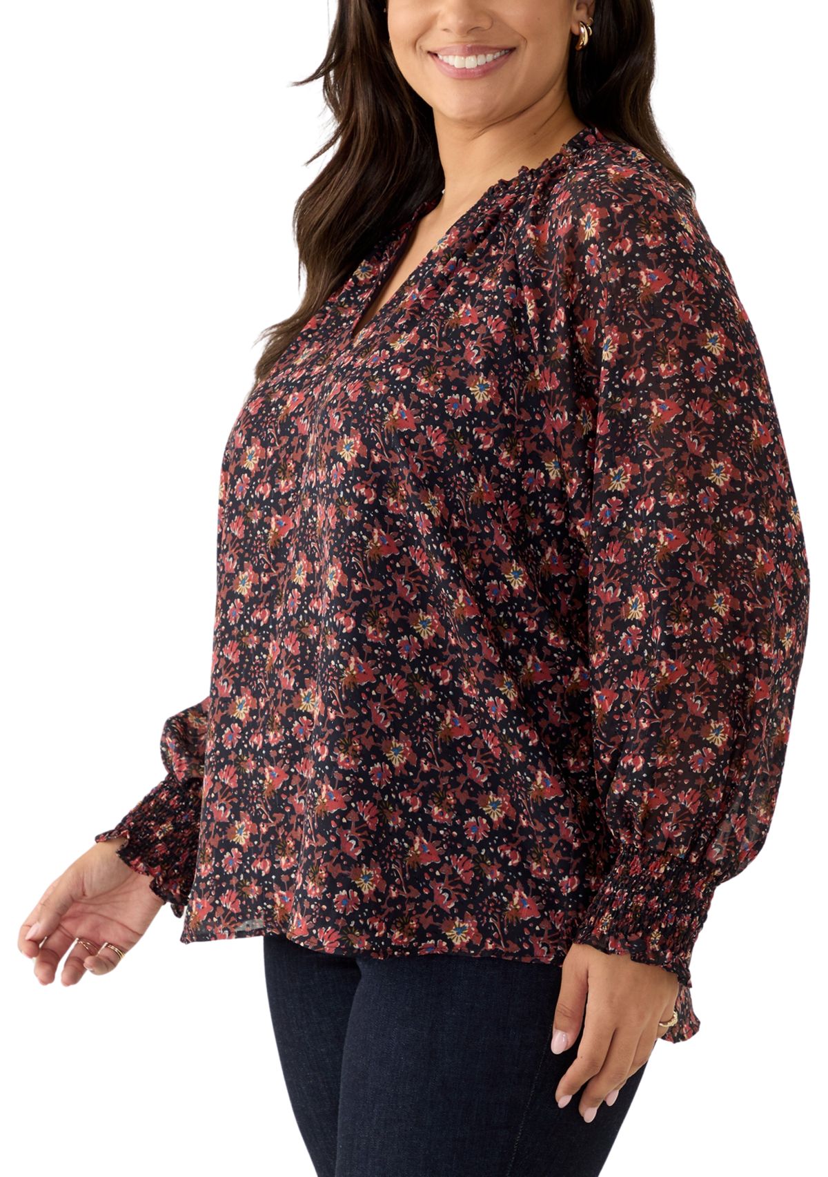 Plus Size Long Sleeve Split Neck Metallic Printed Blouse
