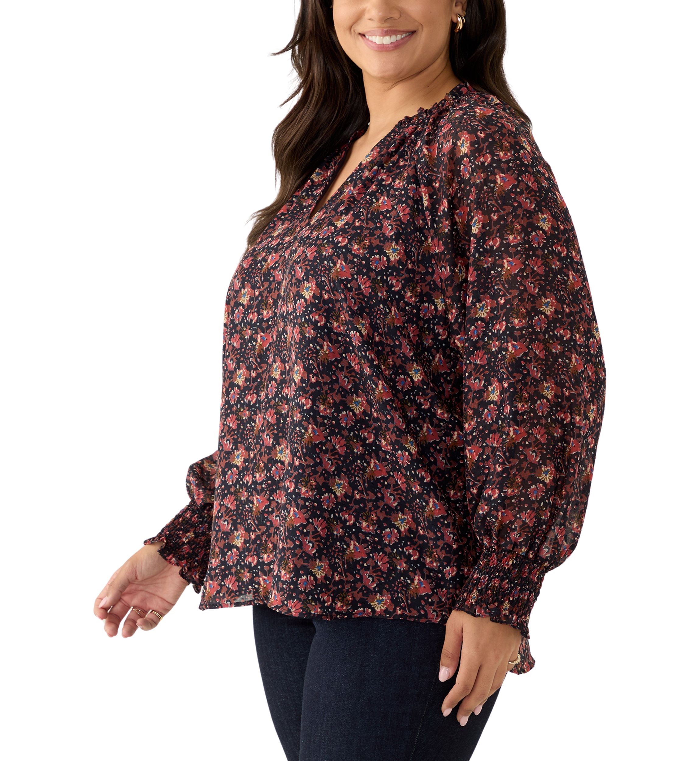 Plus Size Long Sleeve Split Neck Metallic Printed Blouse