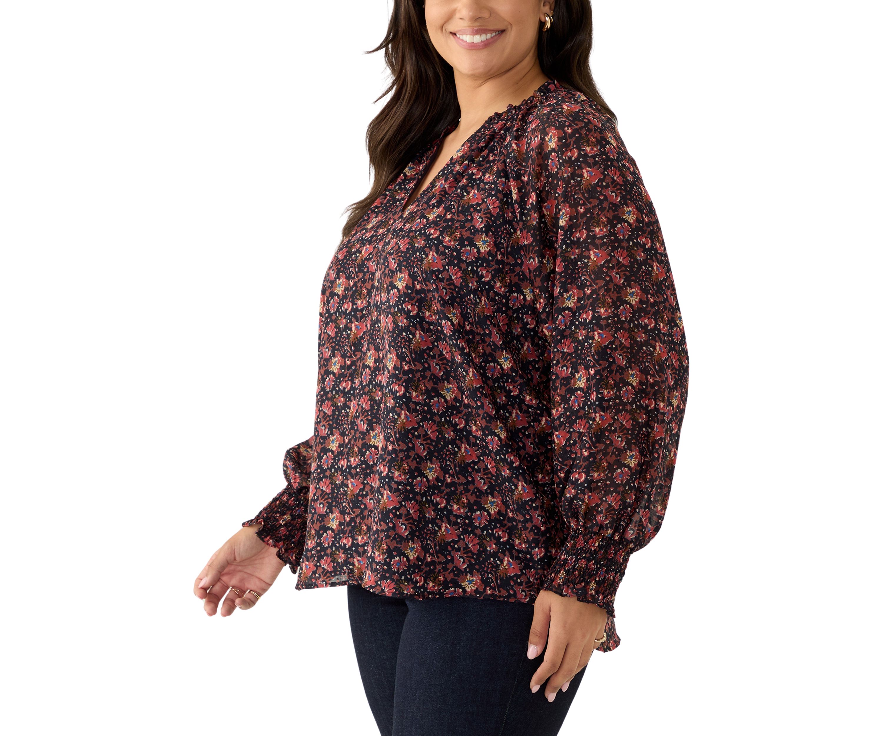 Plus Size Long Sleeve Split Neck Metallic Printed Blouse