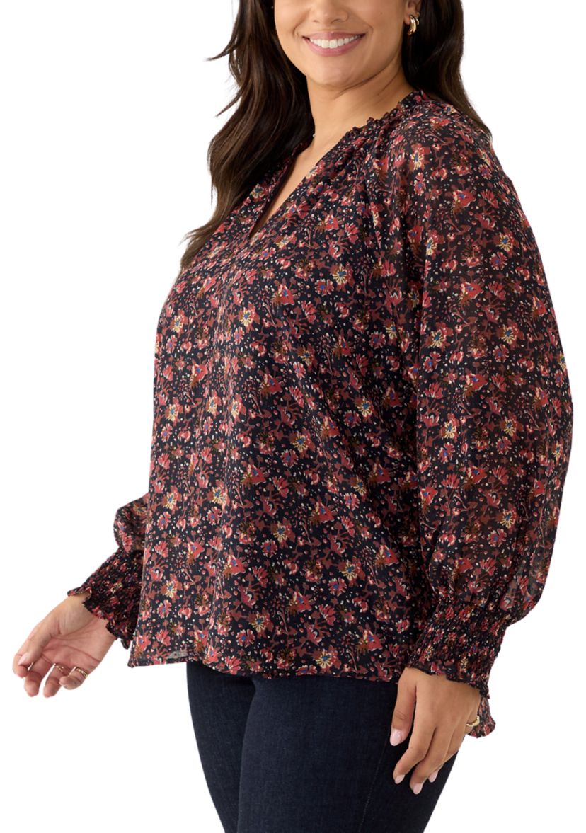 Plus Size Long Sleeve Split Neck Metallic Printed Blouse