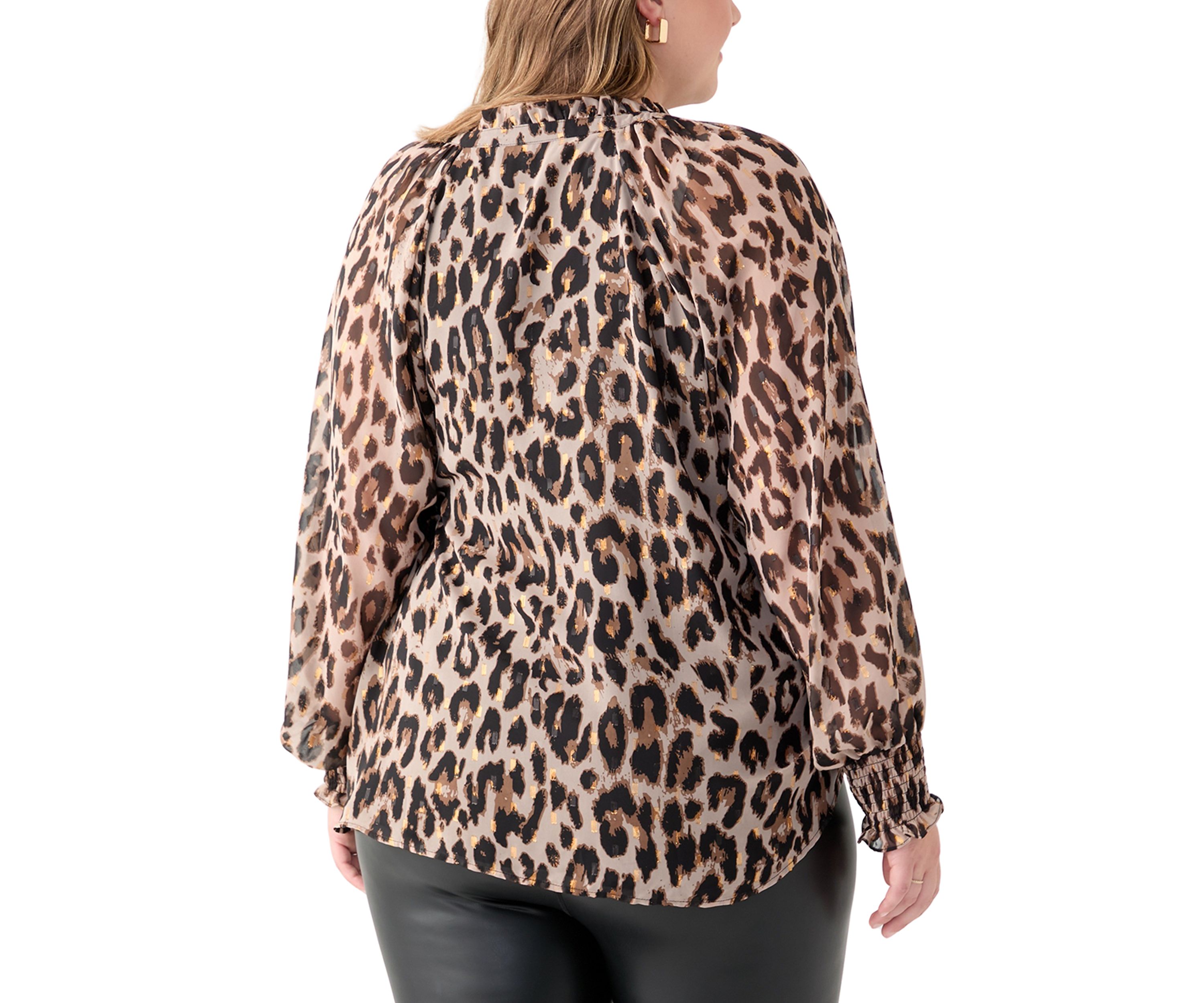 Plus Size Long Sleeve Split Neck Metallic Printed Blouse 