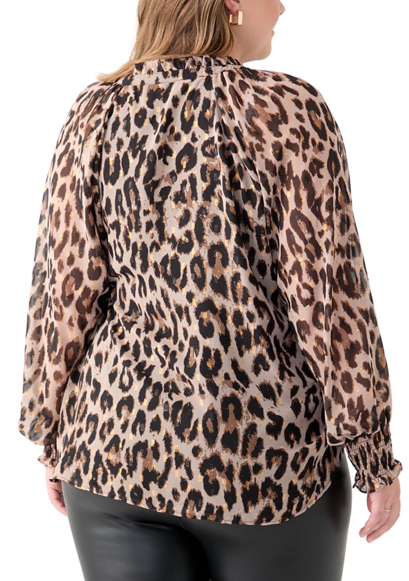 Plus Size Long Sleeve Split Neck Metallic Printed Blouse 