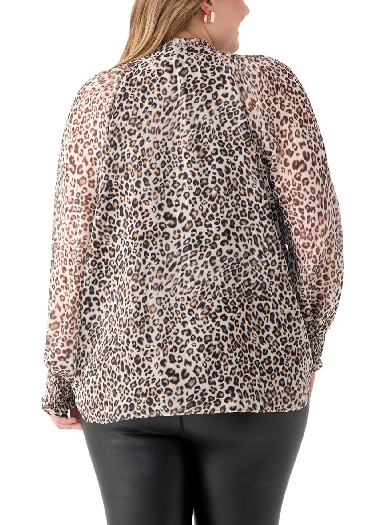 Plus Size Long Sleeve Split Neck Metallic Printed Blouse