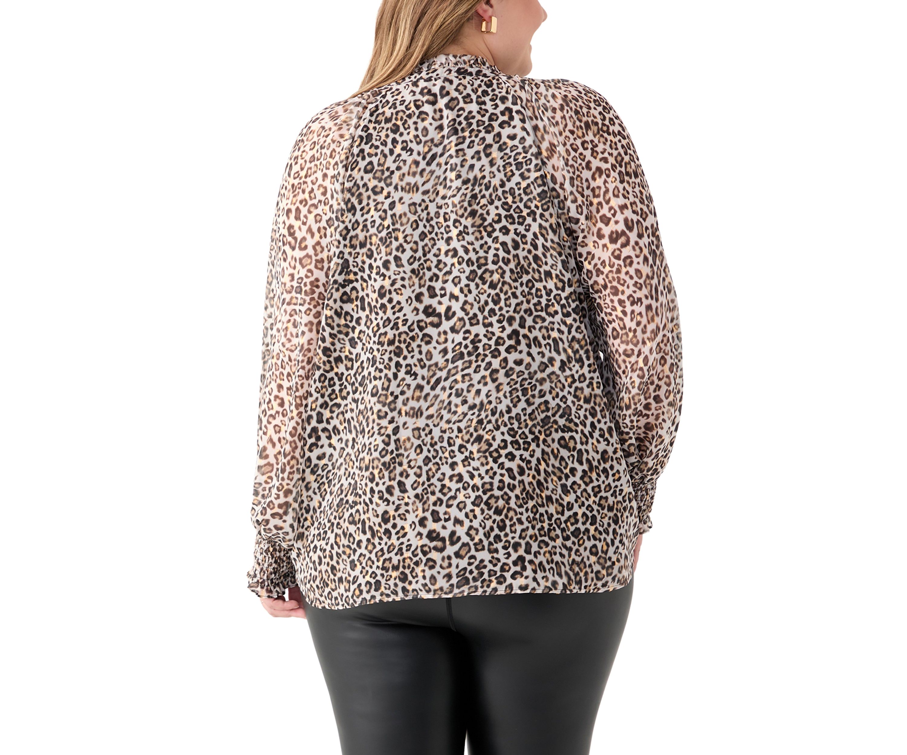 Plus Size Long Sleeve Split Neck Metallic Printed Blouse