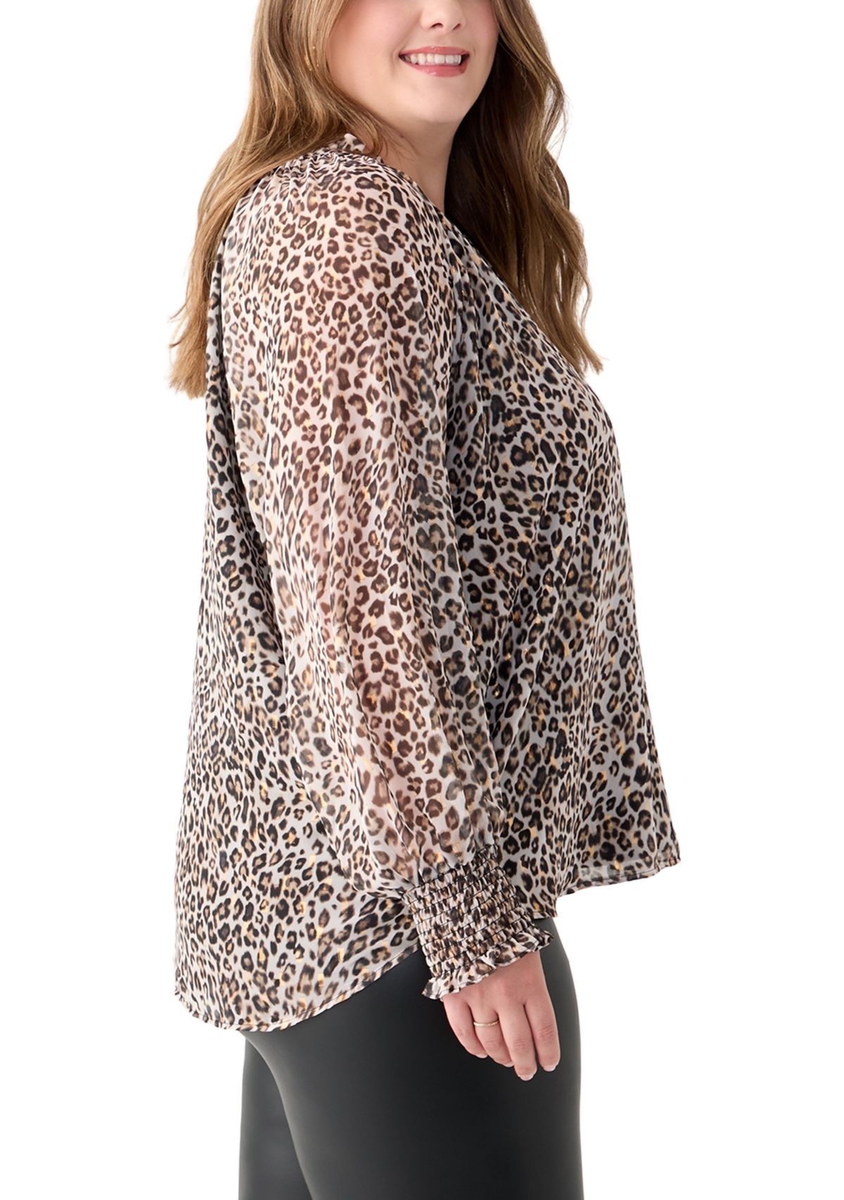 Plus Size Long Sleeve Split Neck Metallic Printed Blouse