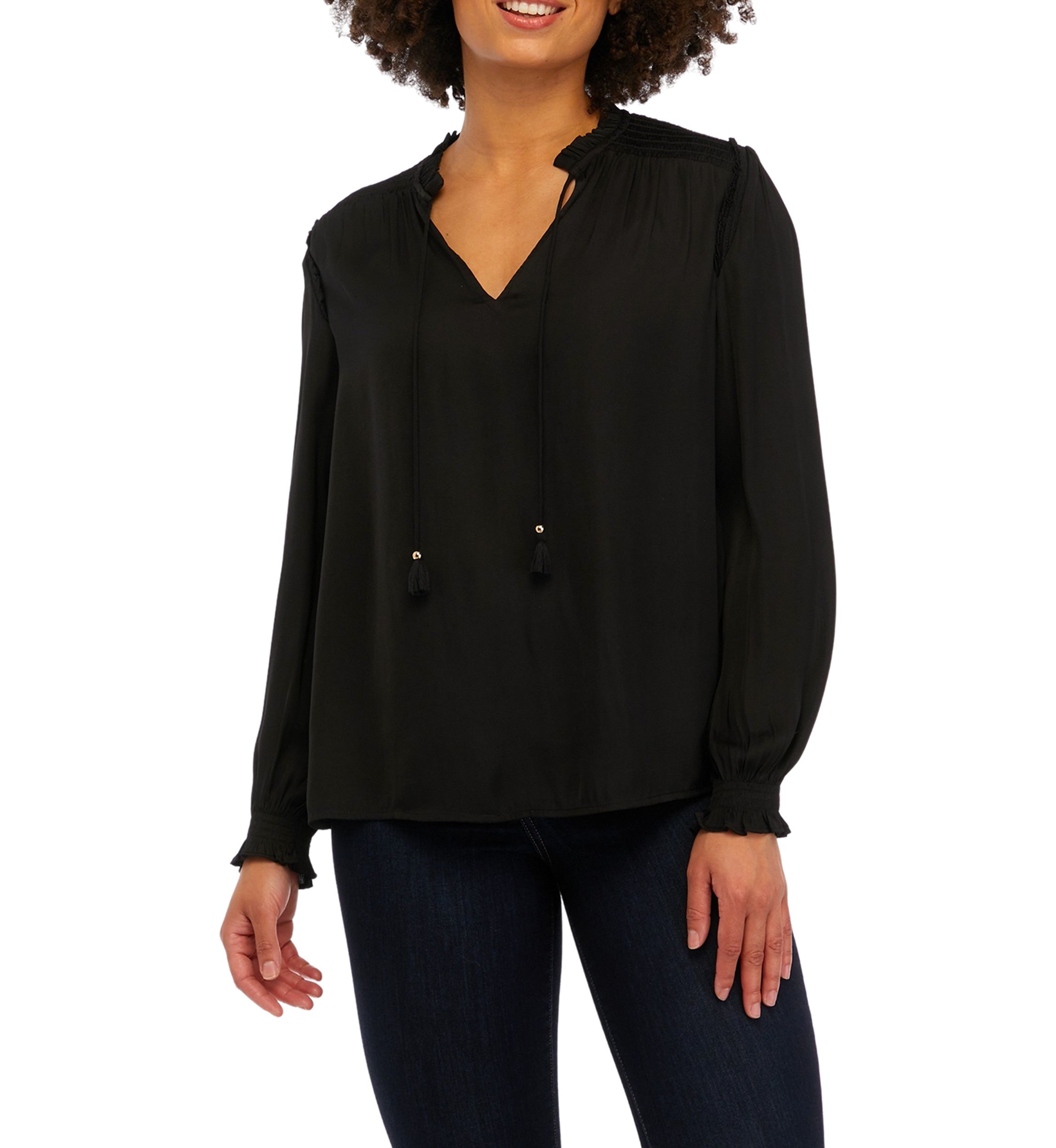 Womens Long Sleeve Woven Tie Neck Top with Ruffles