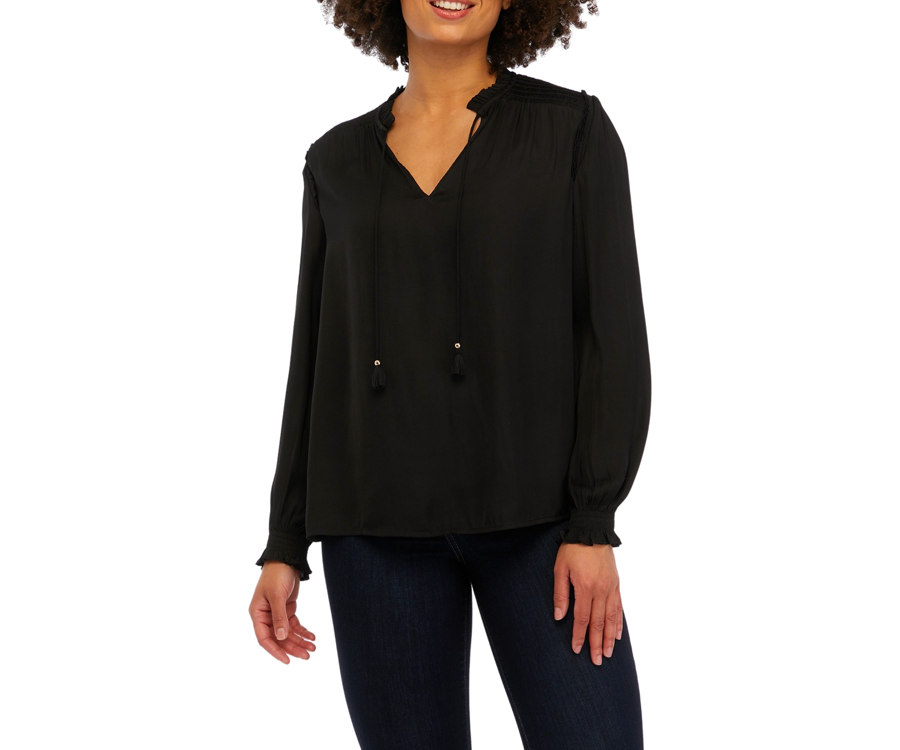 Womens Long Sleeve Woven Tie Neck Top with Ruffles