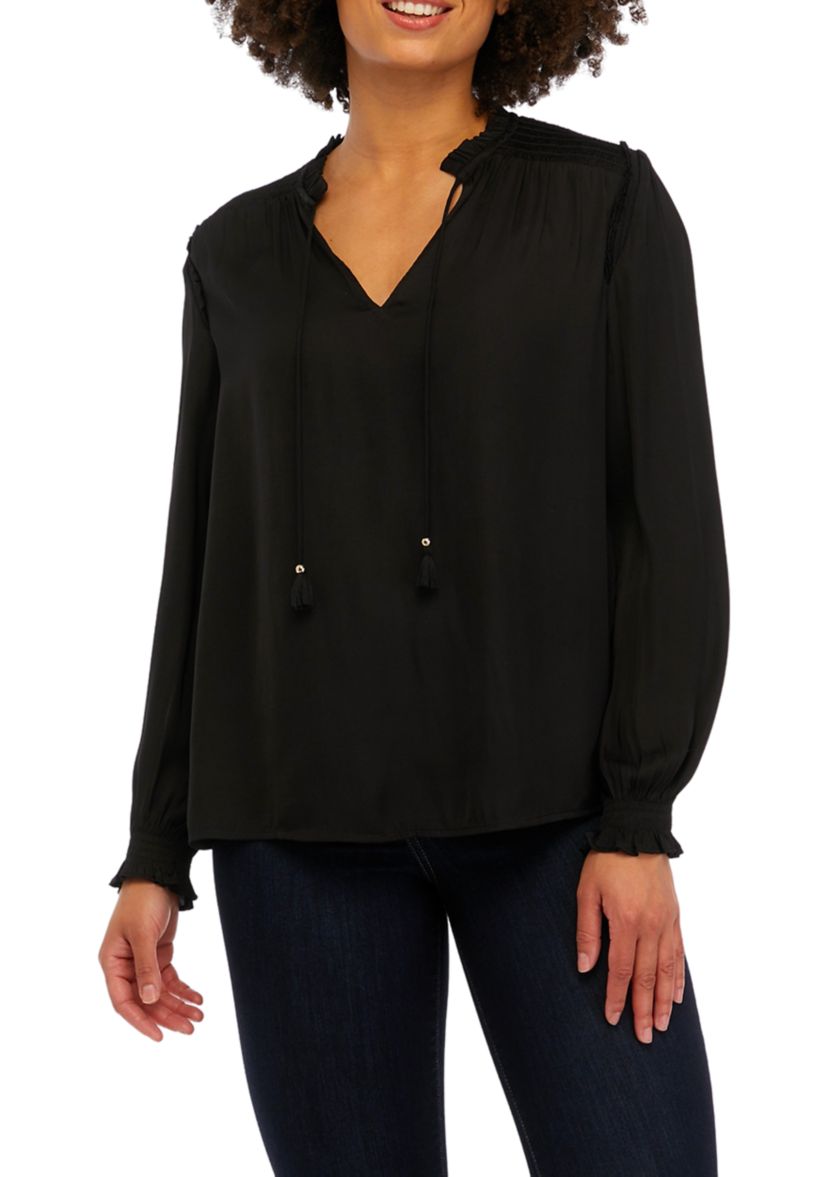 Womens Long Sleeve Woven Tie Neck Top with Ruffles