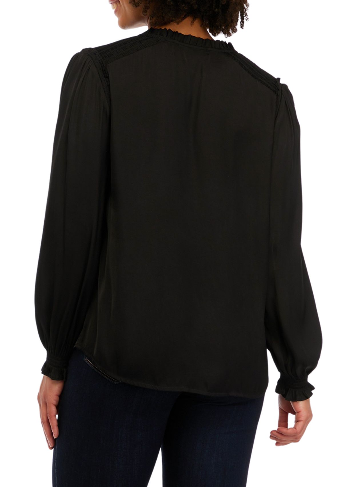 Womens Long Sleeve Woven Tie Neck Top with Ruffles