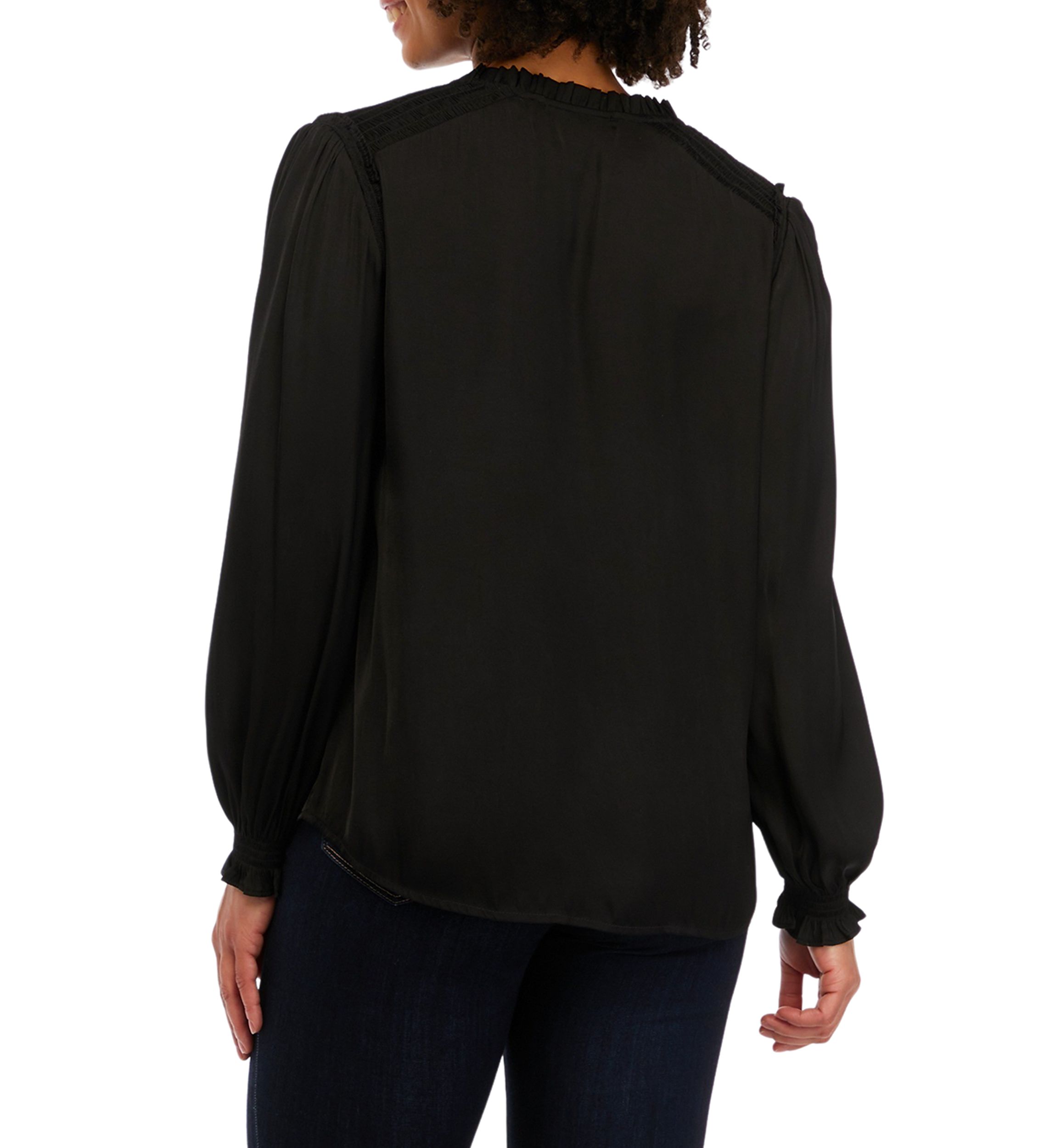 Womens Long Sleeve Woven Tie Neck Top with Ruffles