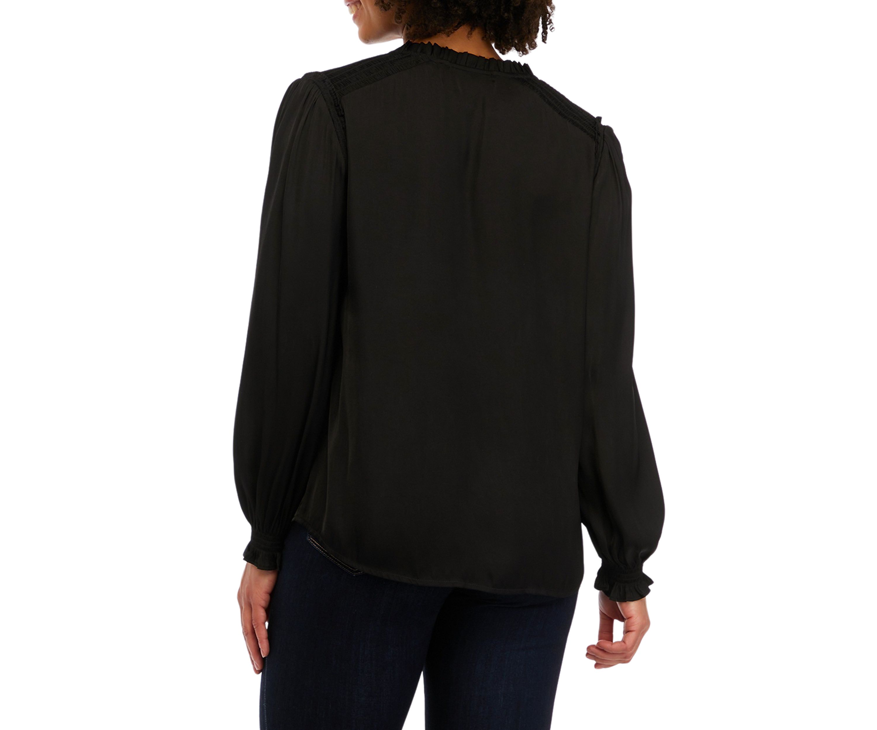 Womens Long Sleeve Woven Tie Neck Top with Ruffles