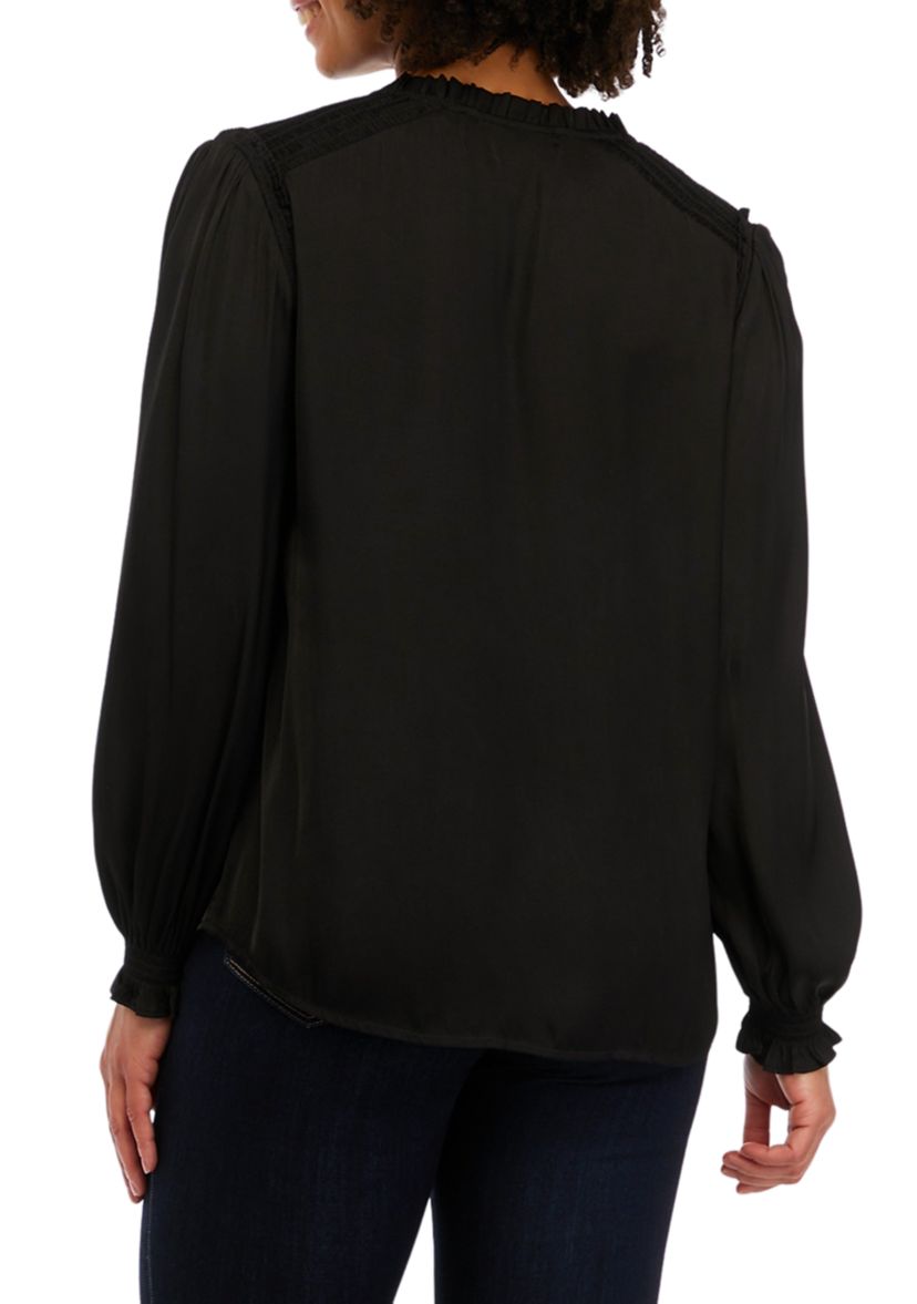 Womens Long Sleeve Woven Tie Neck Top with Ruffles