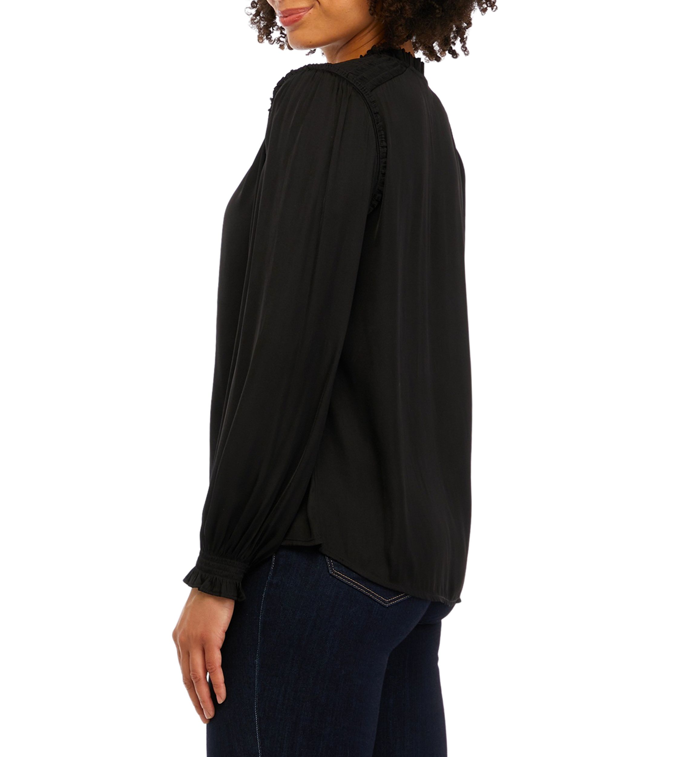 Womens Long Sleeve Woven Tie Neck Top with Ruffles