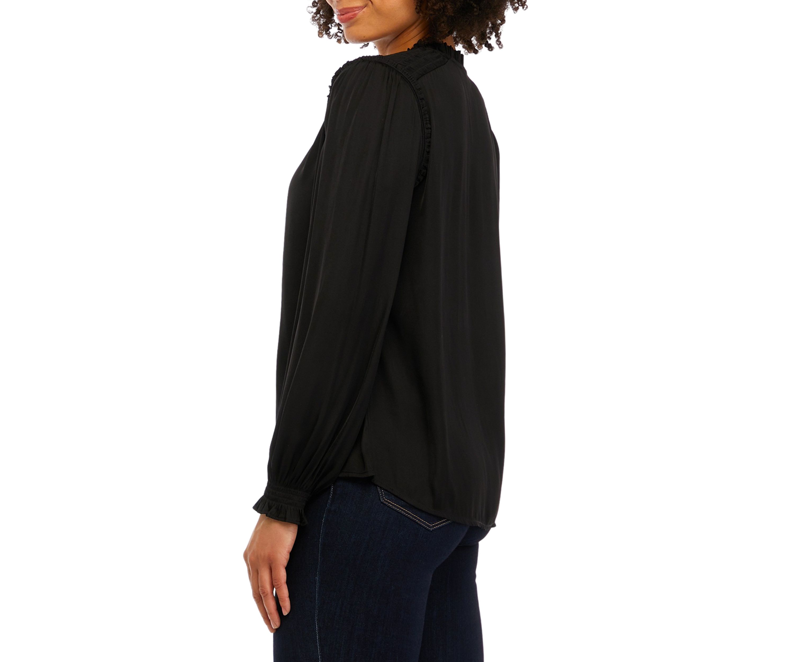 Womens Long Sleeve Woven Tie Neck Top with Ruffles