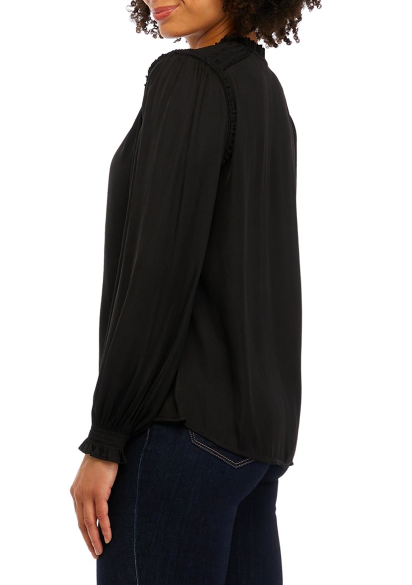 Womens Long Sleeve Woven Tie Neck Top with Ruffles
