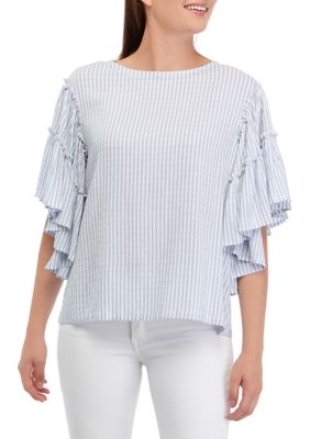 Women's Short Sleeve Striped Blouse with Tie Back