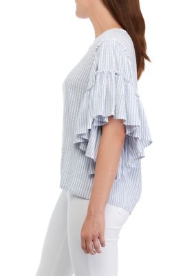 Women's Short Sleeve Striped Blouse with Tie Back