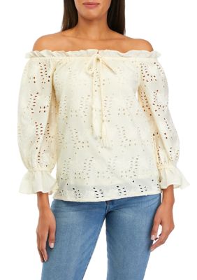 Women's Embroidered Eyelet Blouse with Tassel Ties