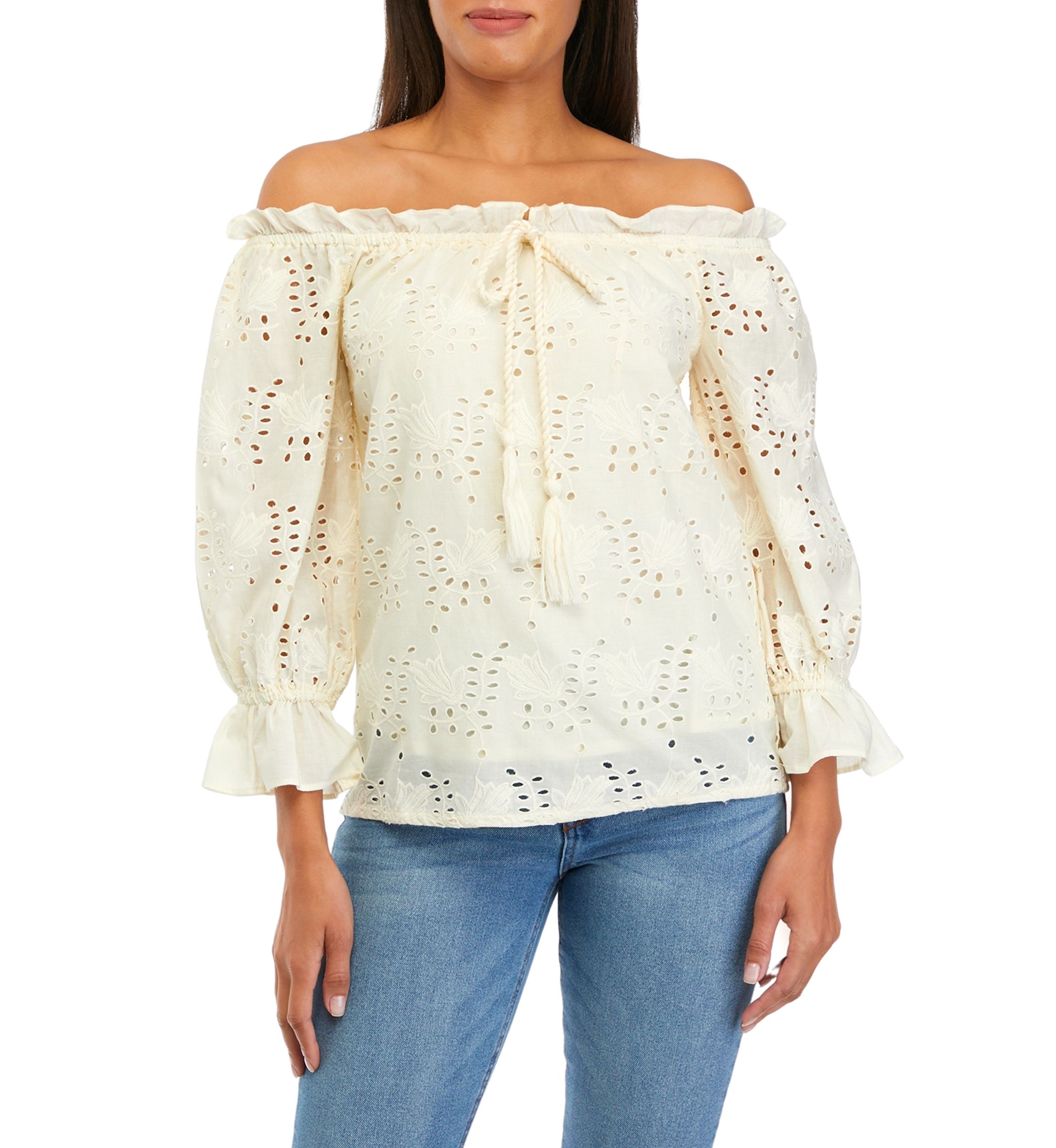 Womens Embroidered Eyelet Blouse with Tassel Ties