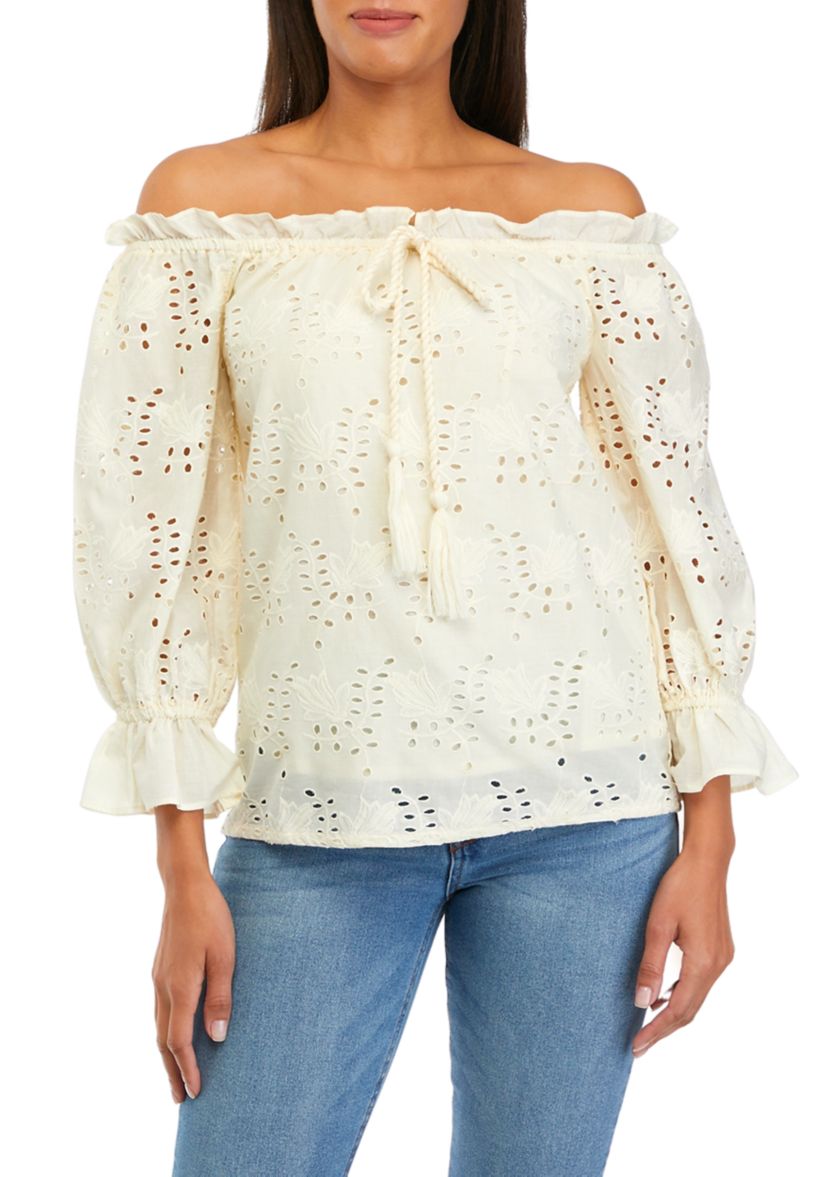 Womens Embroidered Eyelet Blouse with Tassel Ties