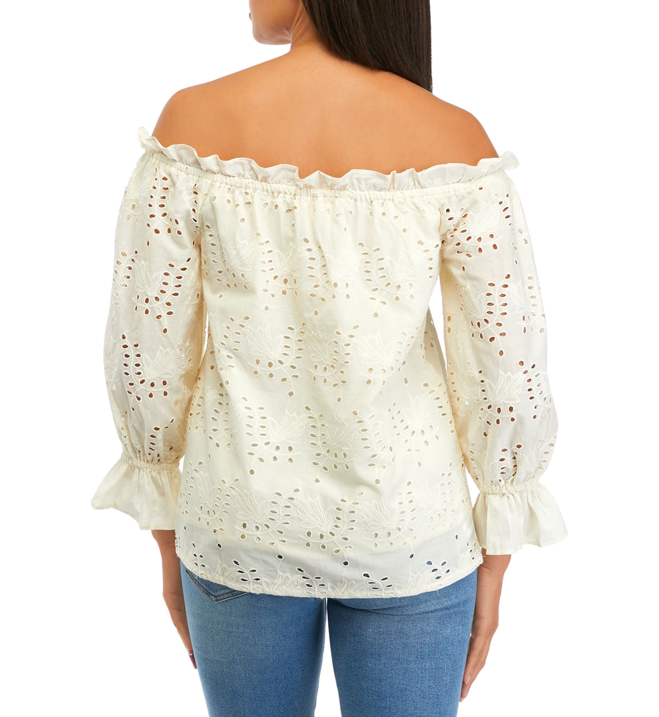 Womens Embroidered Eyelet Blouse with Tassel Ties