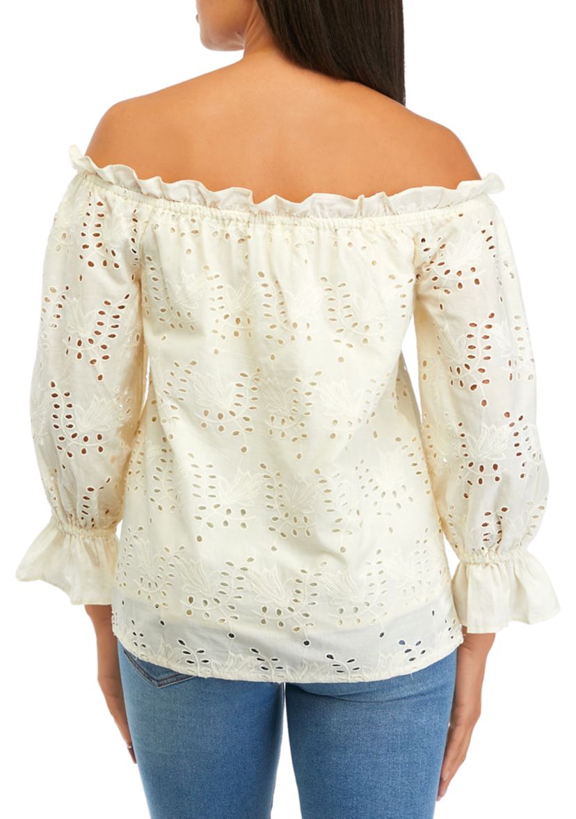 Womens Embroidered Eyelet Blouse with Tassel Ties
