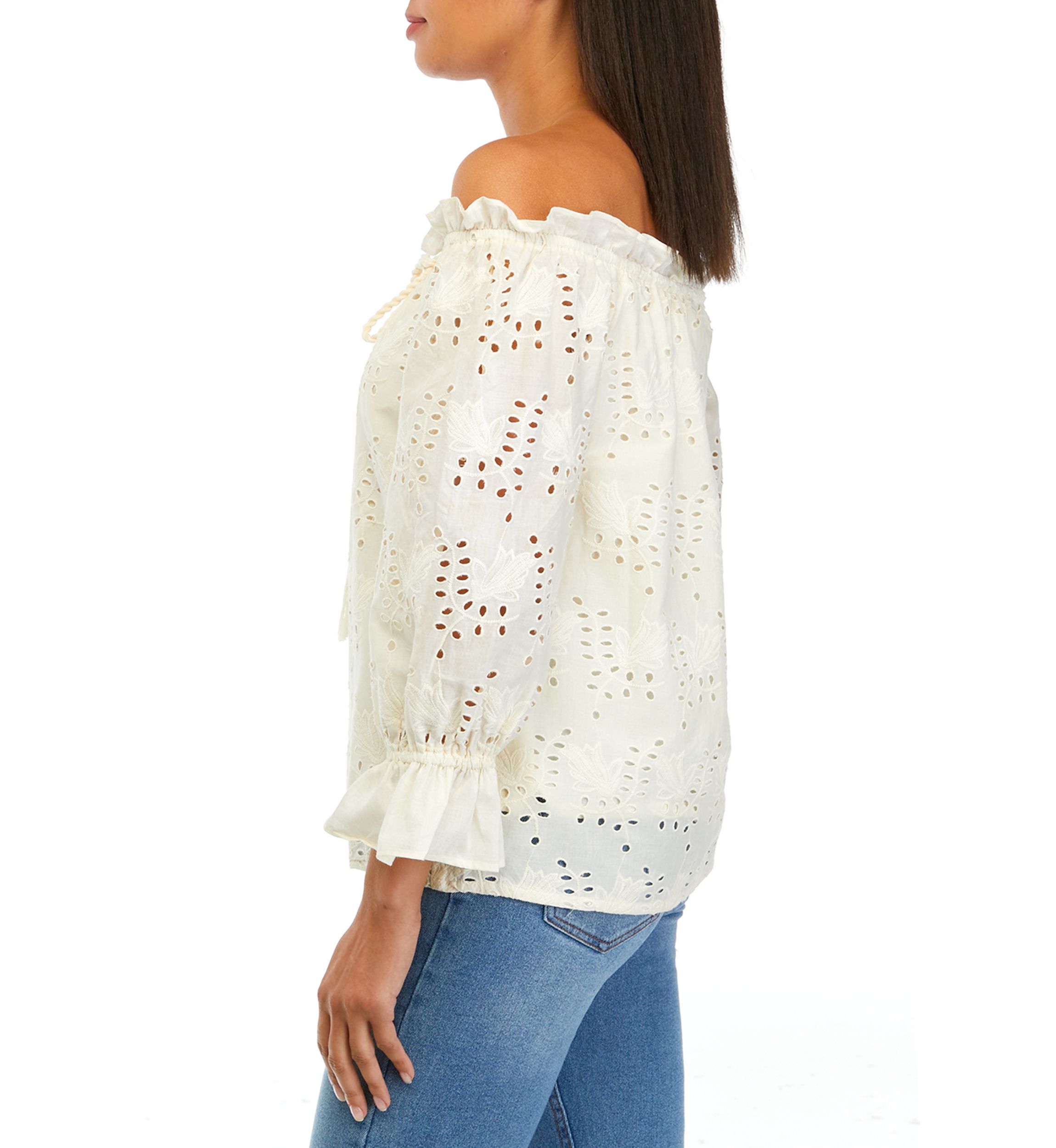 Womens Embroidered Eyelet Blouse with Tassel Ties