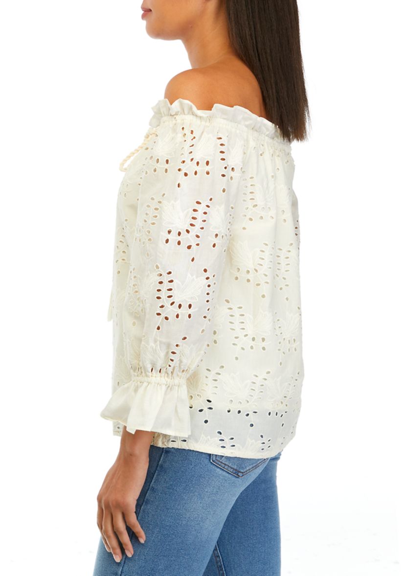 Womens Embroidered Eyelet Blouse with Tassel Ties