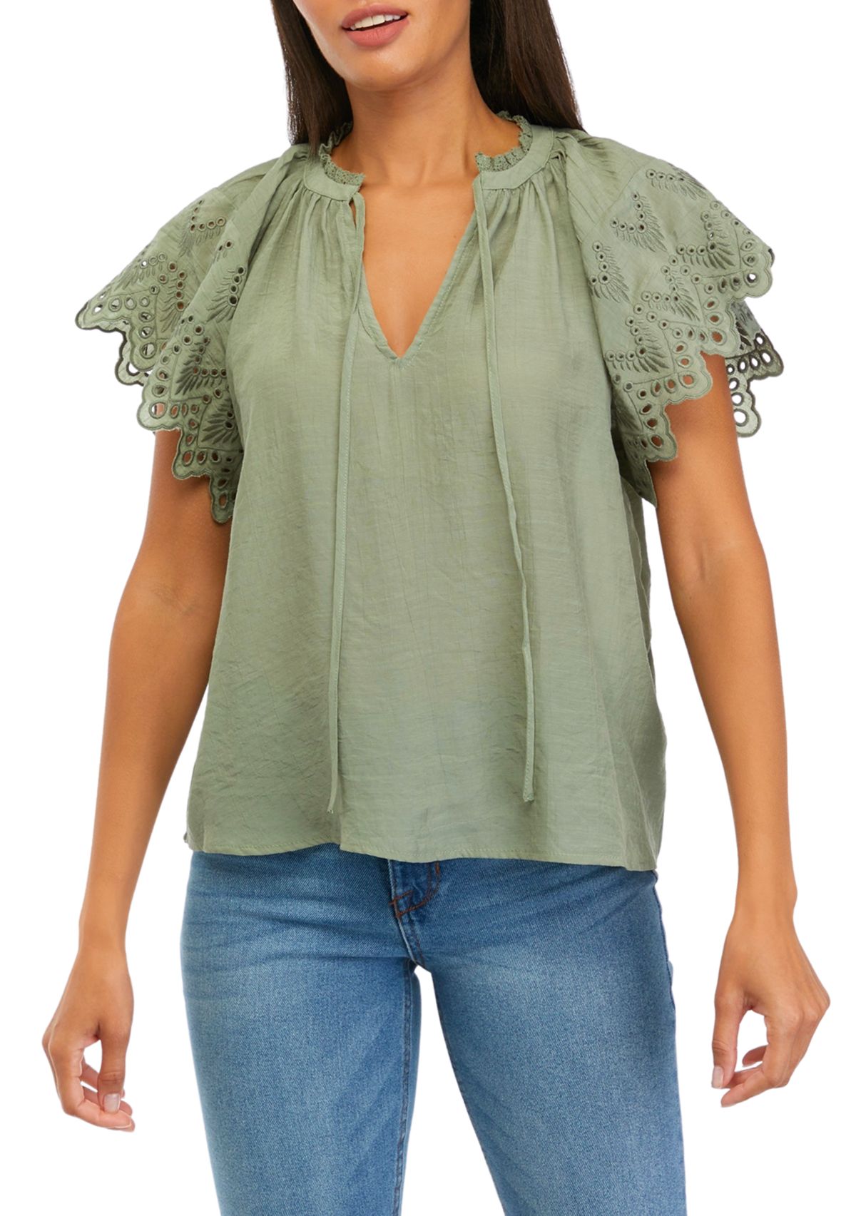 Womens Embroidered Eyelet Sleeve Blouse