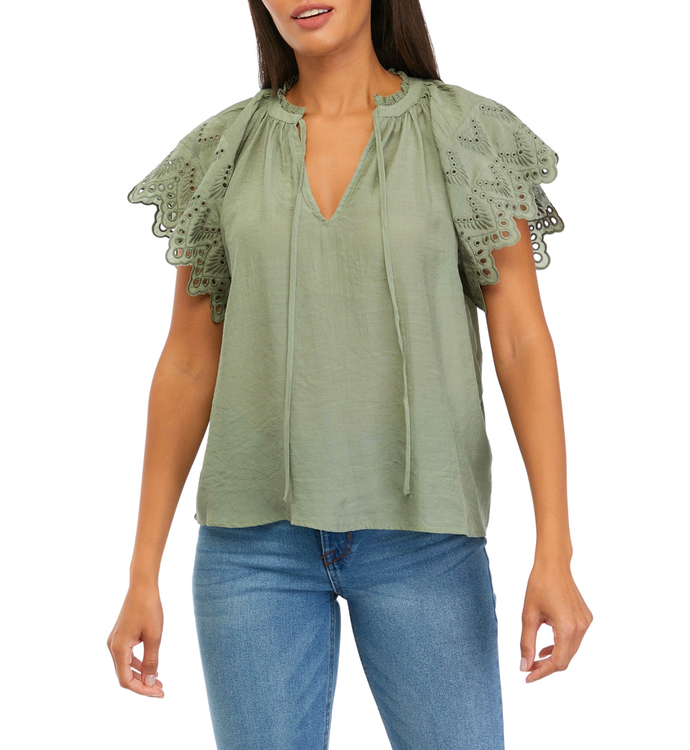 Womens Embroidered Eyelet Sleeve Blouse