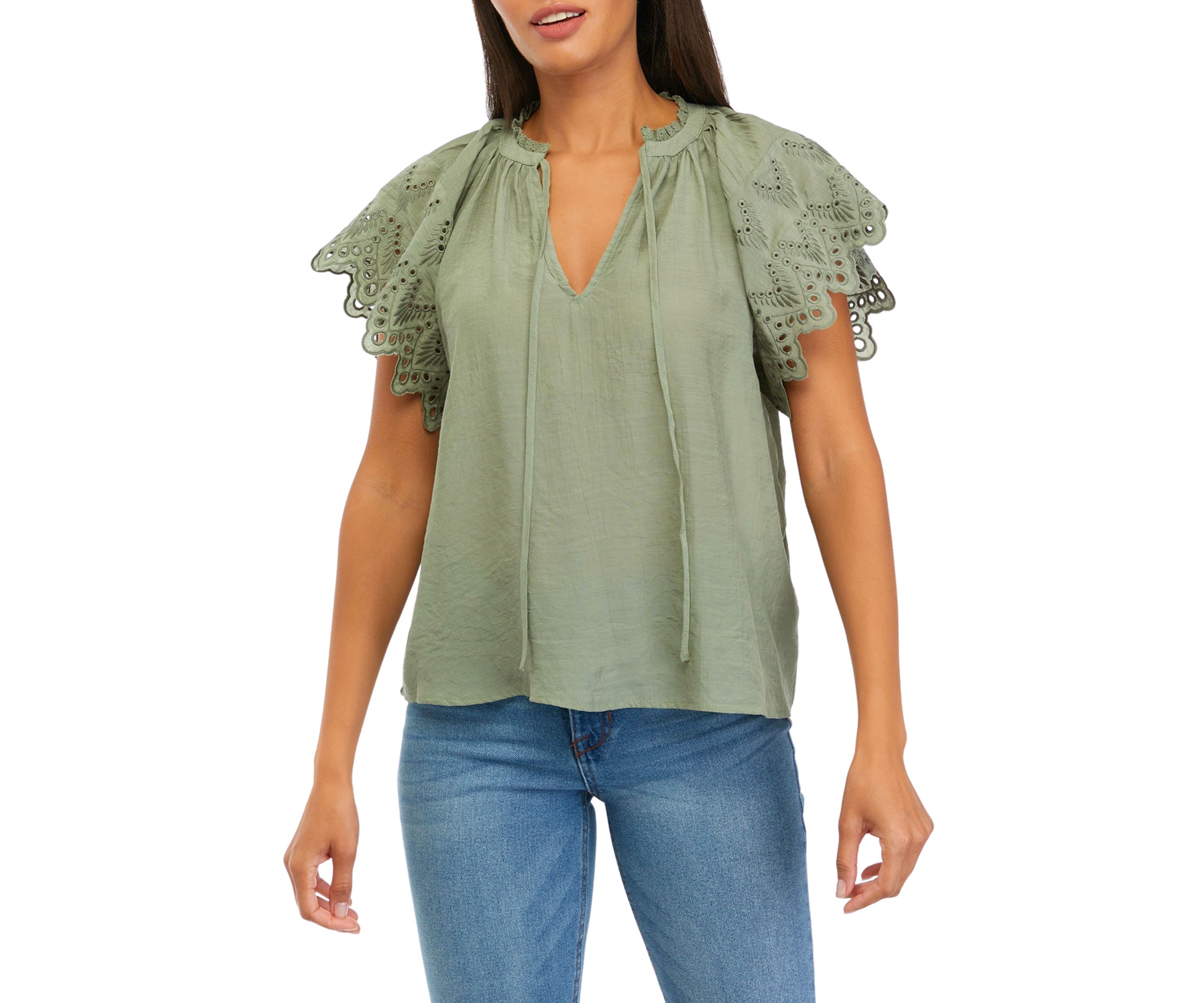 Womens Embroidered Eyelet Sleeve Blouse