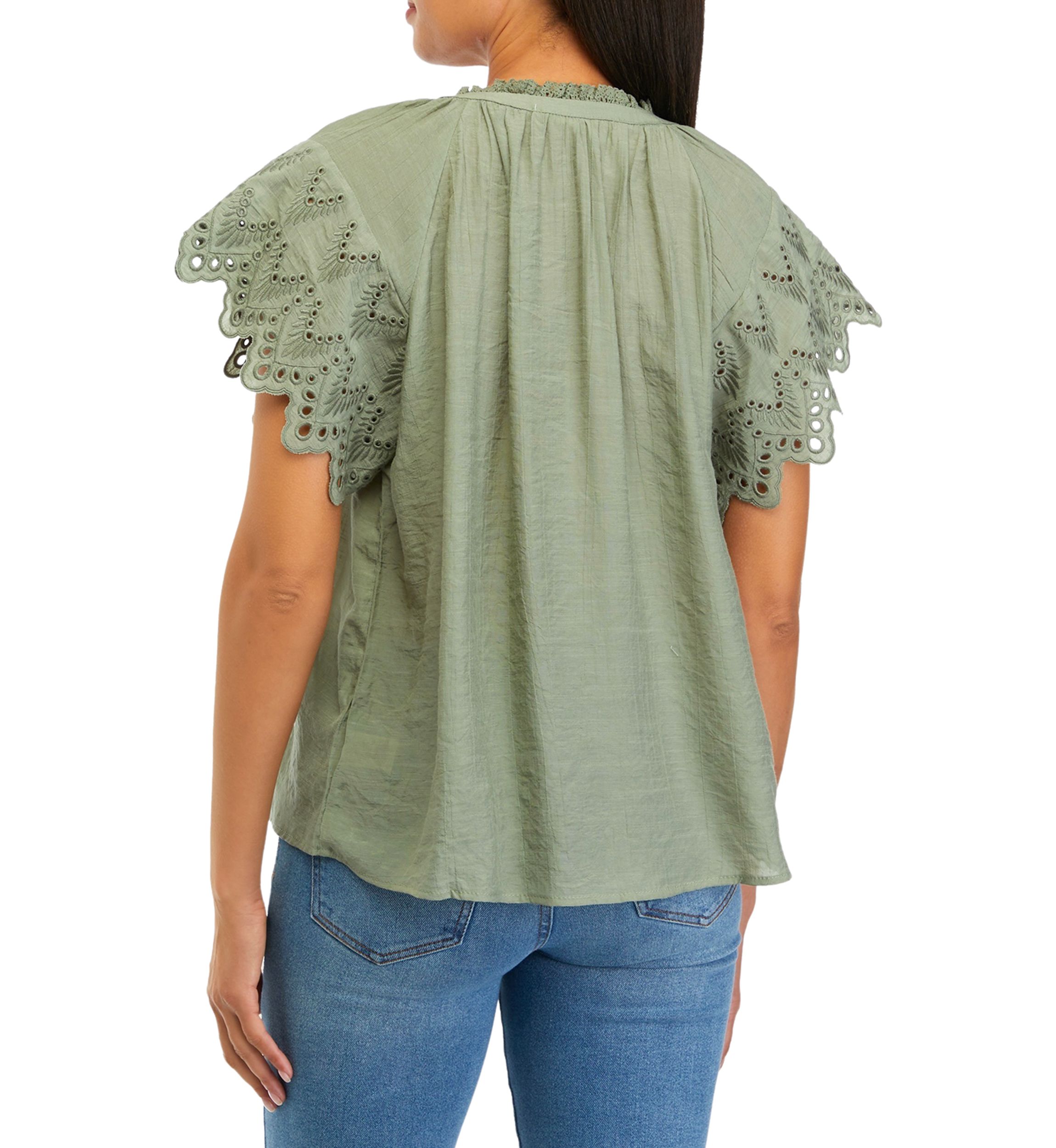 Womens Embroidered Eyelet Sleeve Blouse