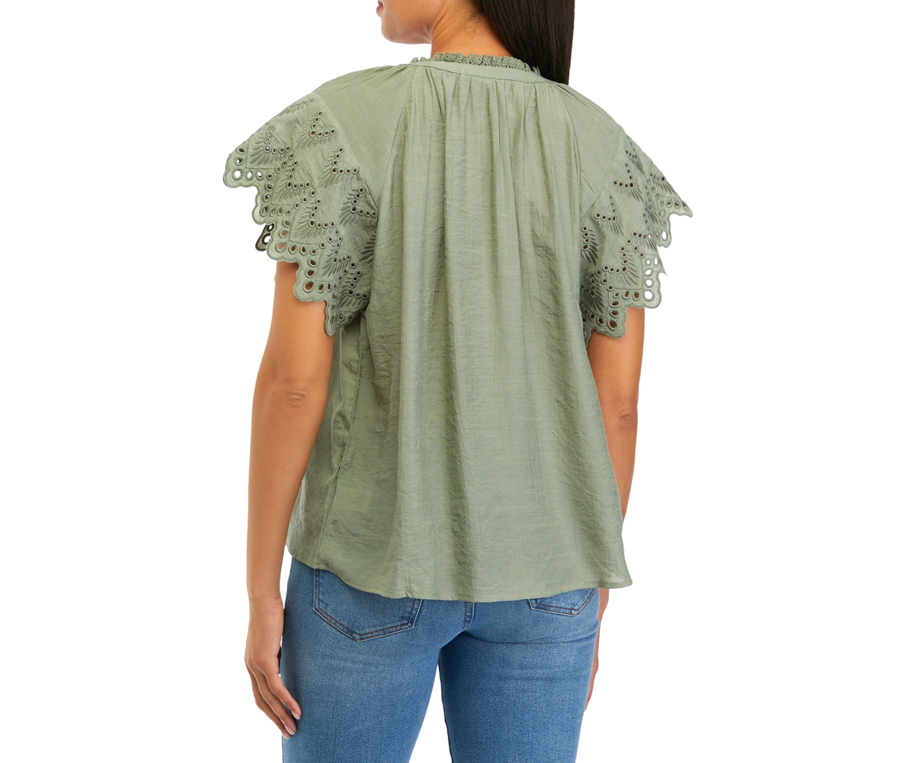 Womens Embroidered Eyelet Sleeve Blouse