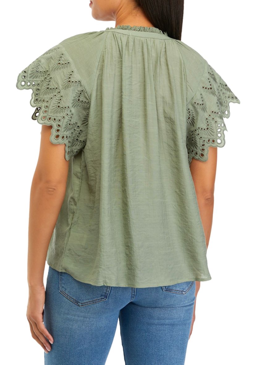 Womens Embroidered Eyelet Sleeve Blouse