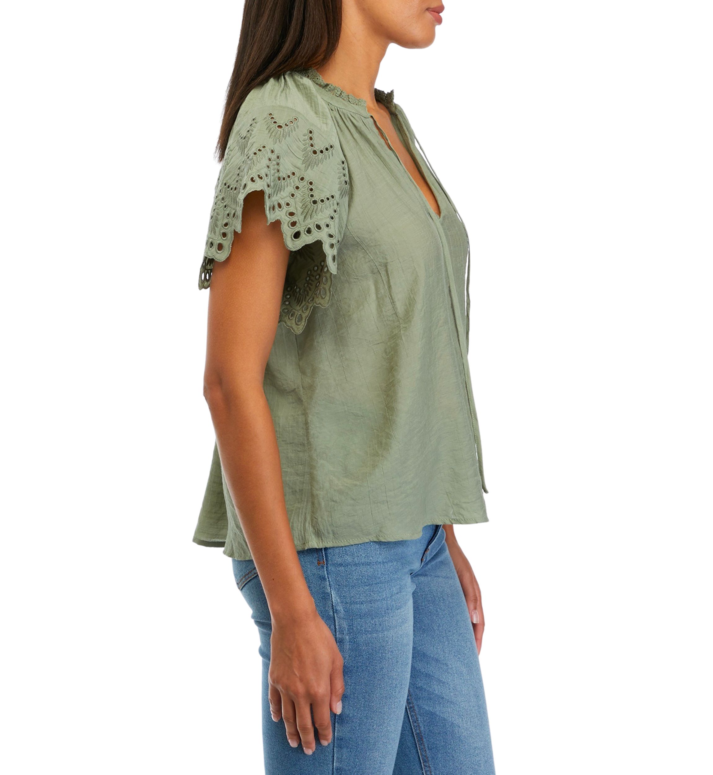 Womens Embroidered Eyelet Sleeve Blouse