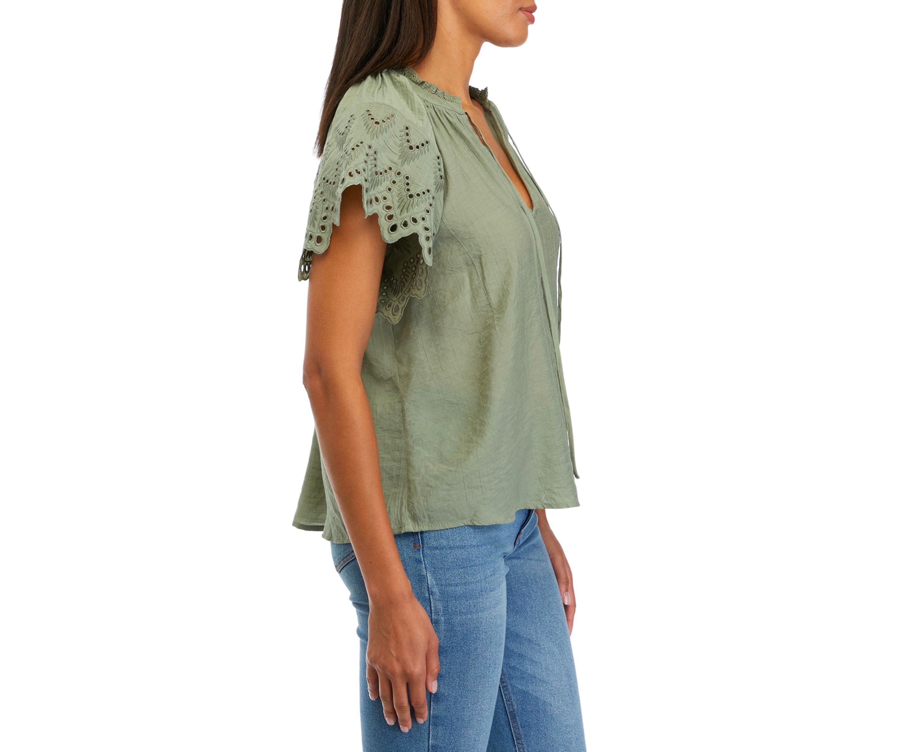 Womens Embroidered Eyelet Sleeve Blouse