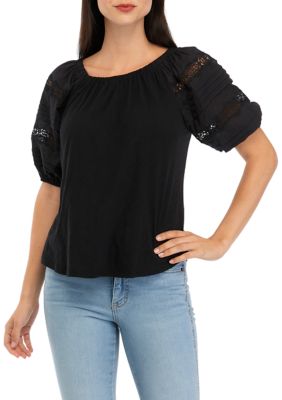 Women's Eyelet Pintuck Puff Sleeve Knit Top