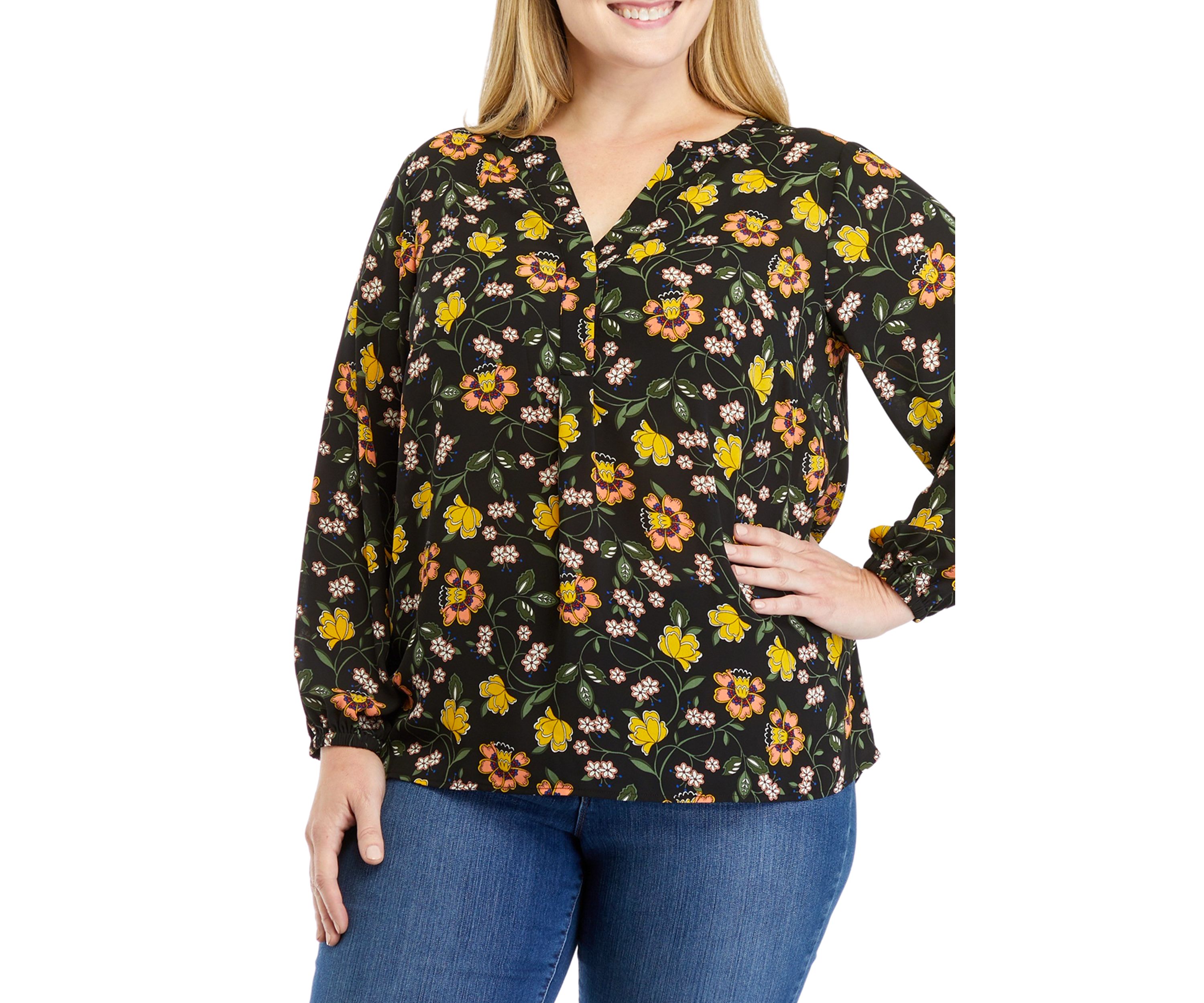 Plus Size Long Sleeve Split Neck Printed Hi-Low Hem Top