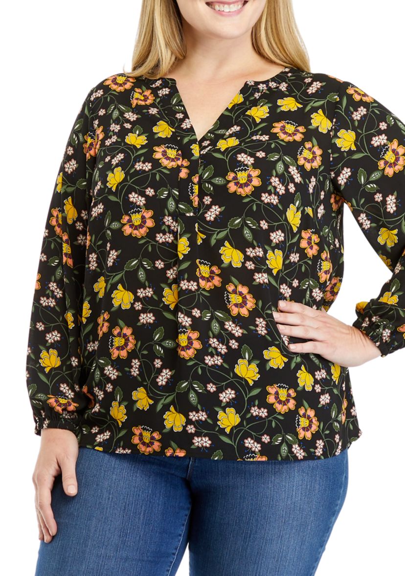 Plus Size Long Sleeve Split Neck Printed Hi-Low Hem Top