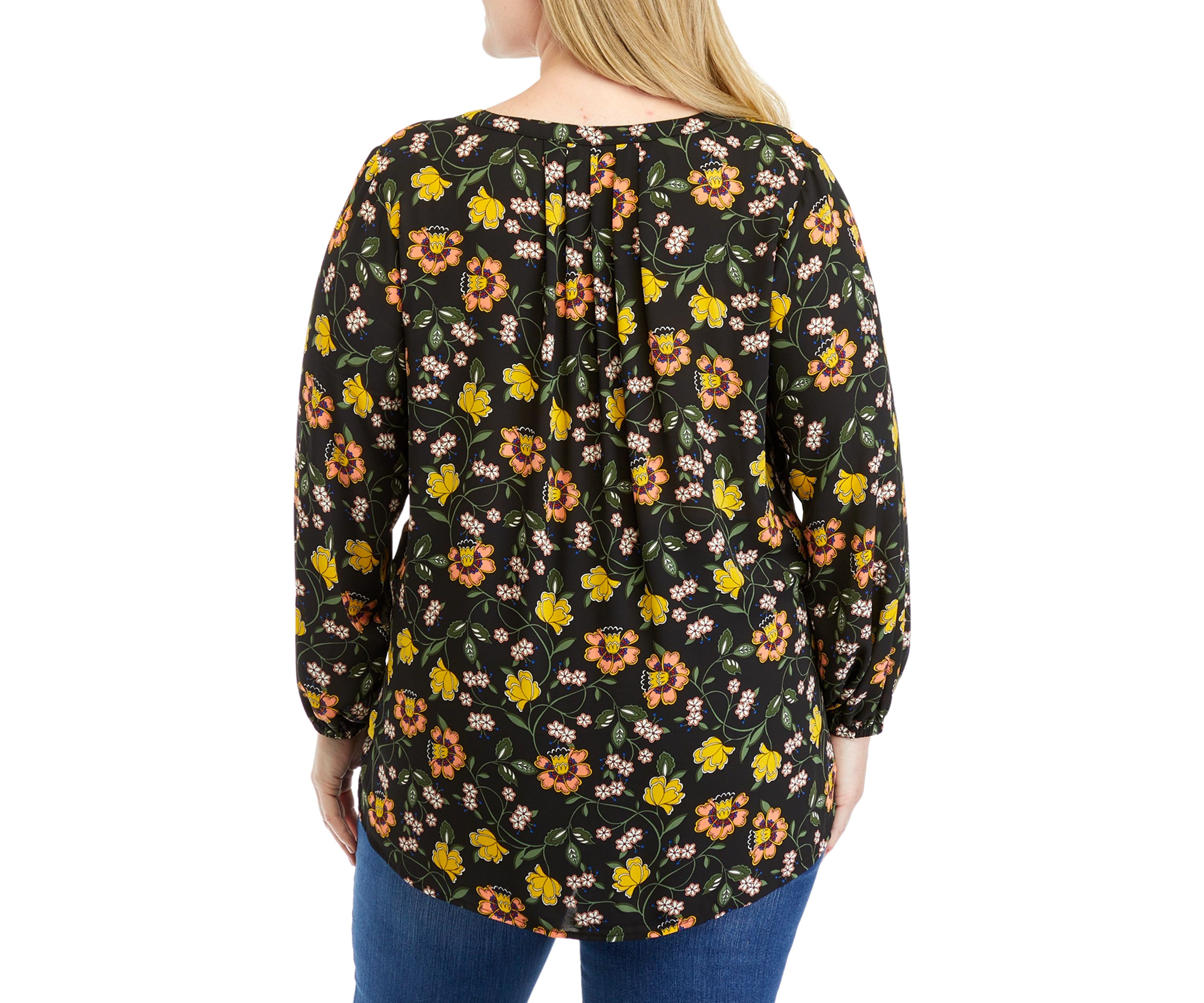 Plus Size Long Sleeve Split Neck Printed Hi-Low Hem Top