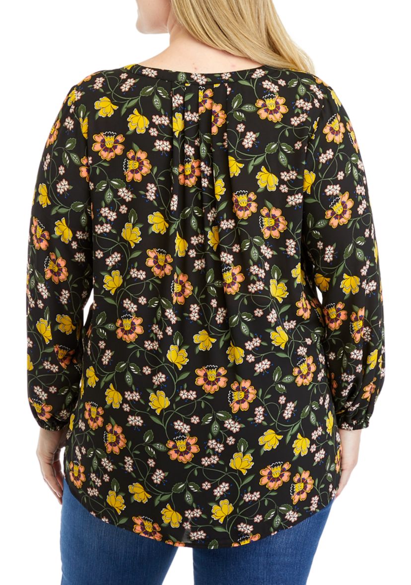 Plus Size Long Sleeve Split Neck Printed Hi-Low Hem Top