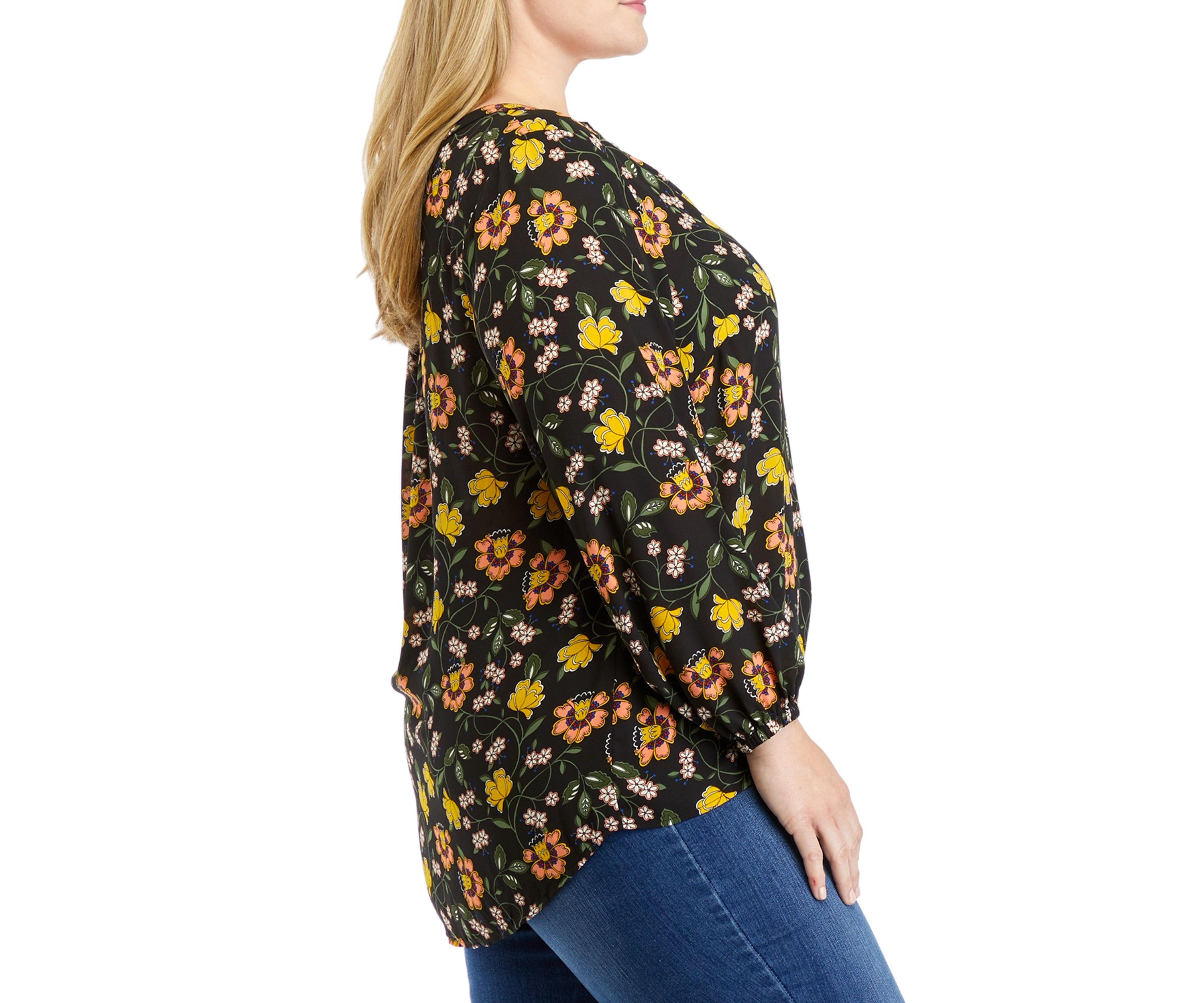 Plus Size Long Sleeve Split Neck Printed Hi-Low Hem Top