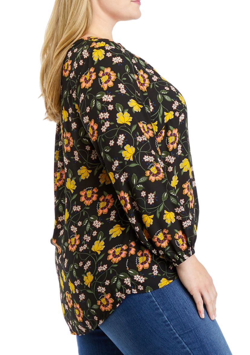 Plus Size Long Sleeve Split Neck Printed Hi-Low Hem Top