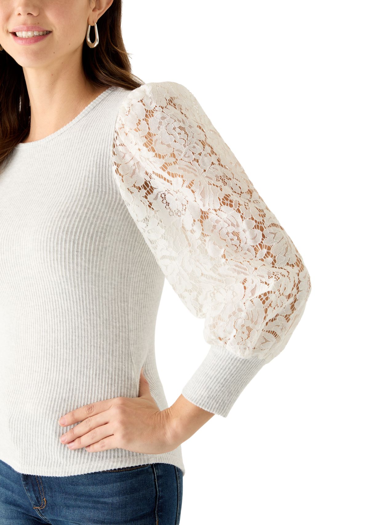 Womens Lace Sleeve Cozy Knit Top