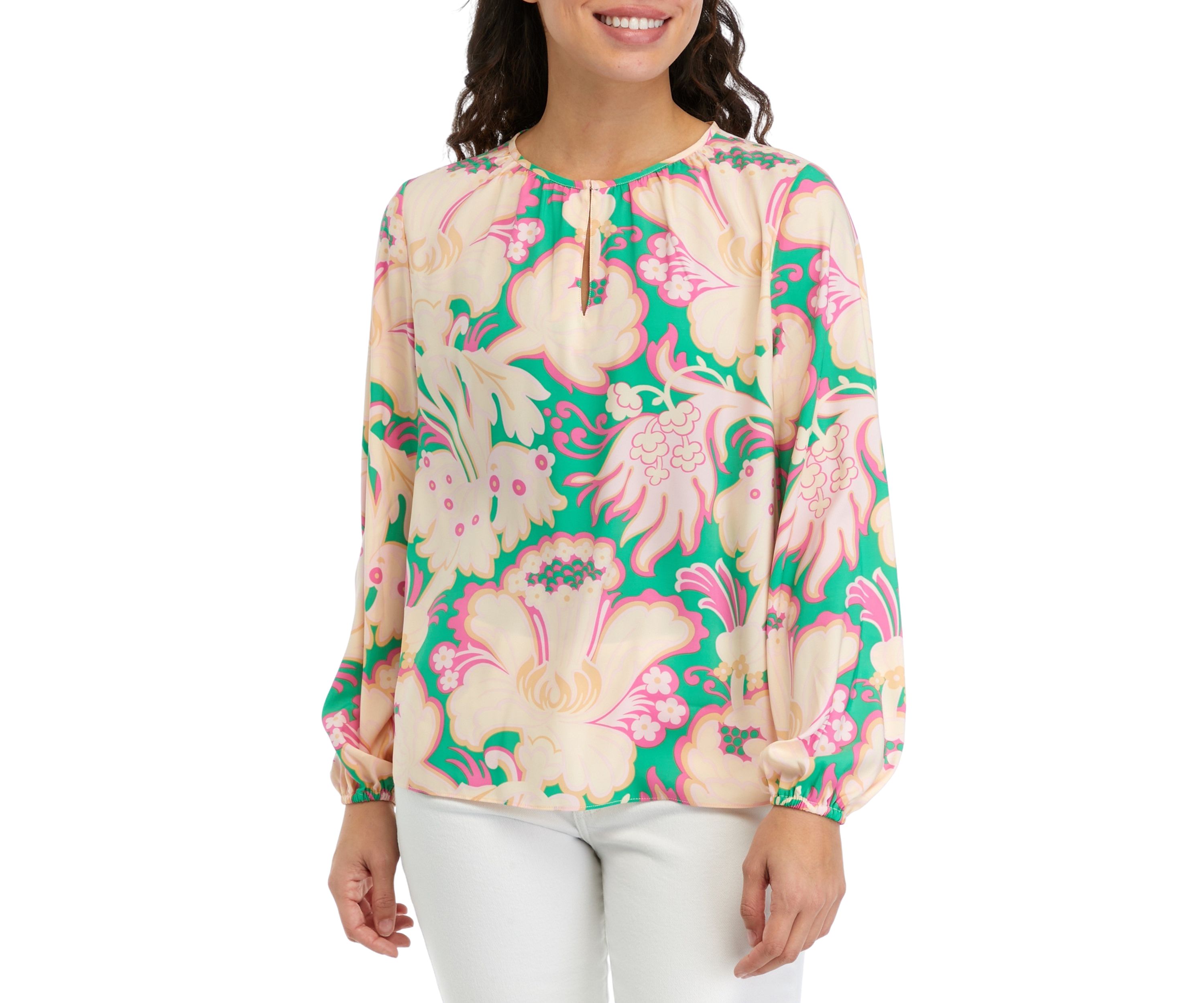 Petite Printed Keyhole Neck Blouse