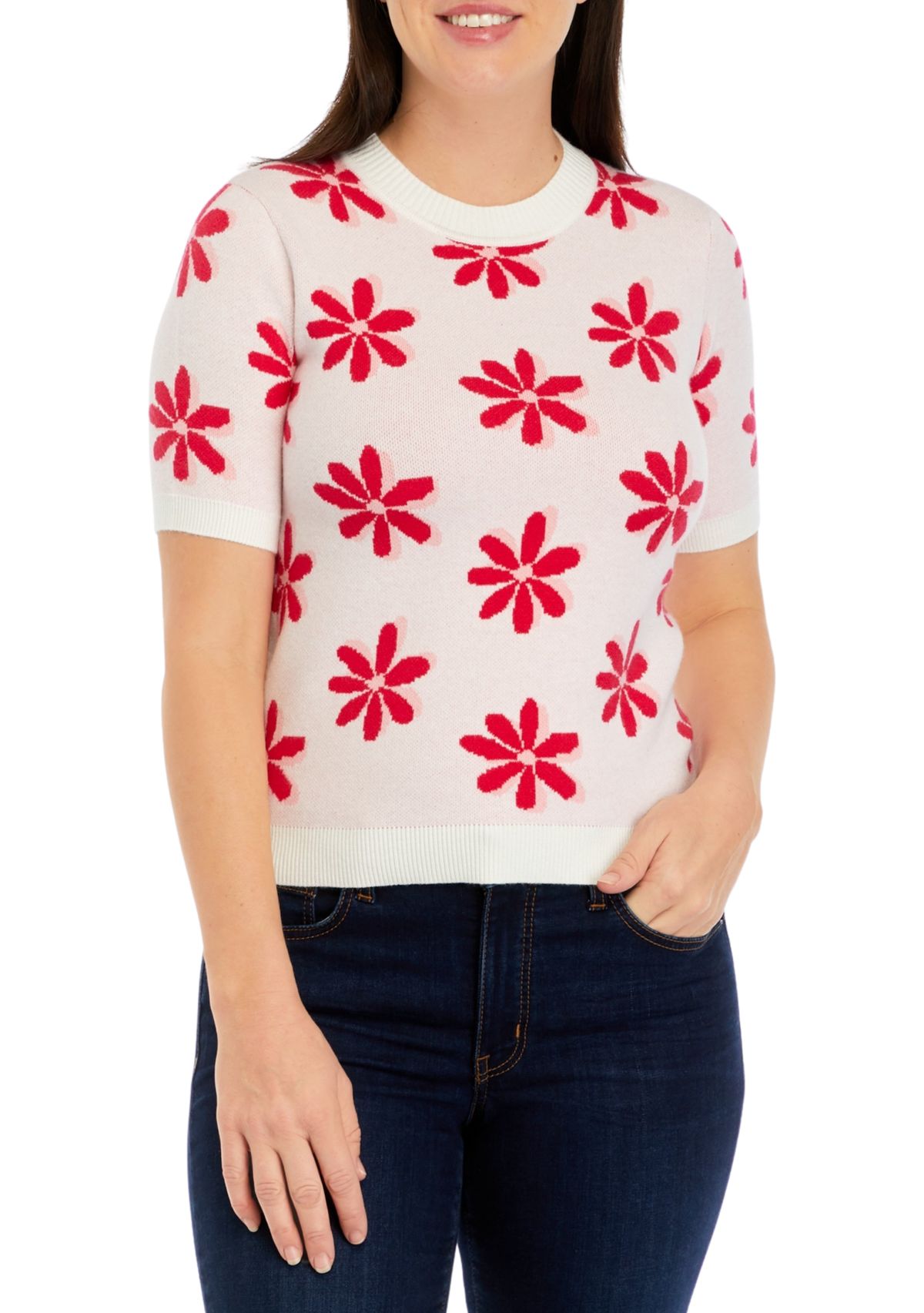 Petite Short Sleeve Flower Sweater