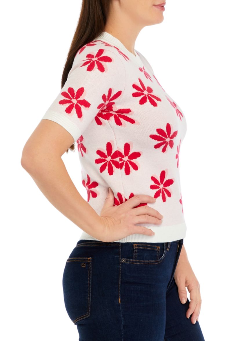 Petite Short Sleeve Flower Sweater